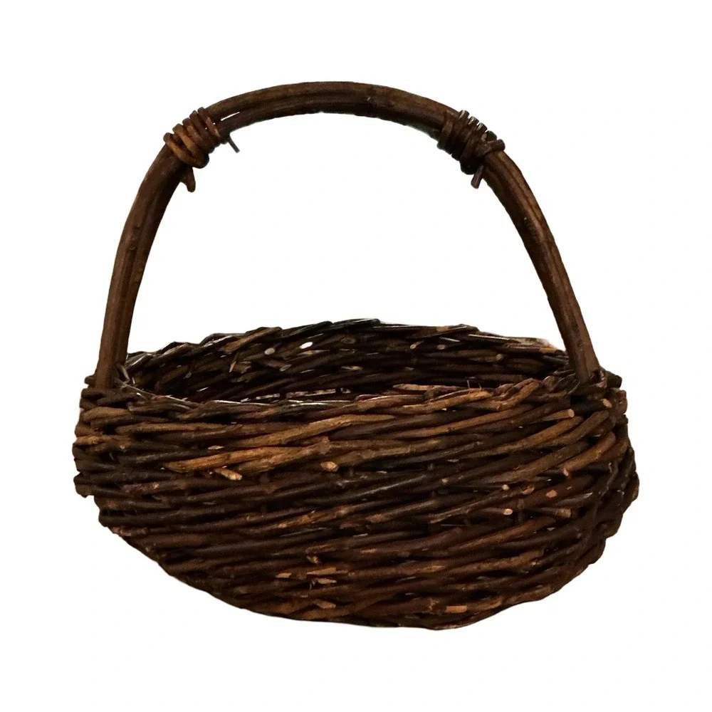 Vintage Rustic Twig Basket Dark Woven Wood Primitive Farmhouse Decor 9x8x7.5in